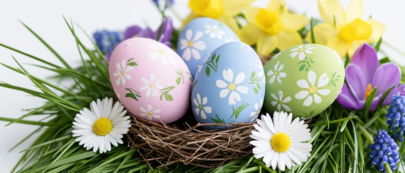 Decorated easter eggs in a nest surrounded by spring flowers and green grass