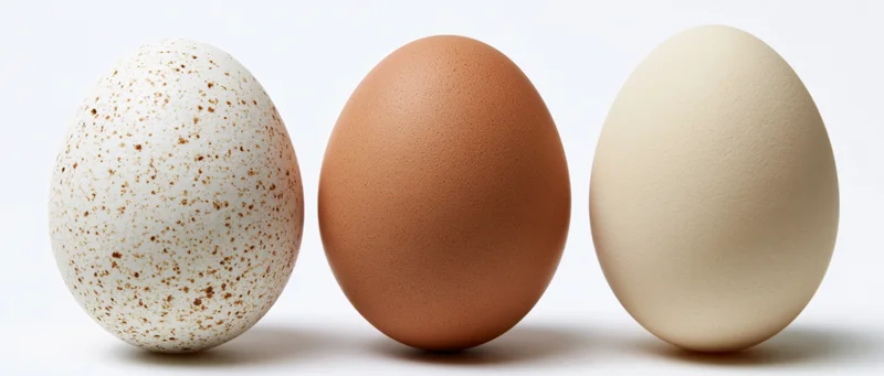 Three eggs in a row on a white surface, speckled white, brown, and cream-colored shells, arranged horizontally, studio lighting, isolated against white background