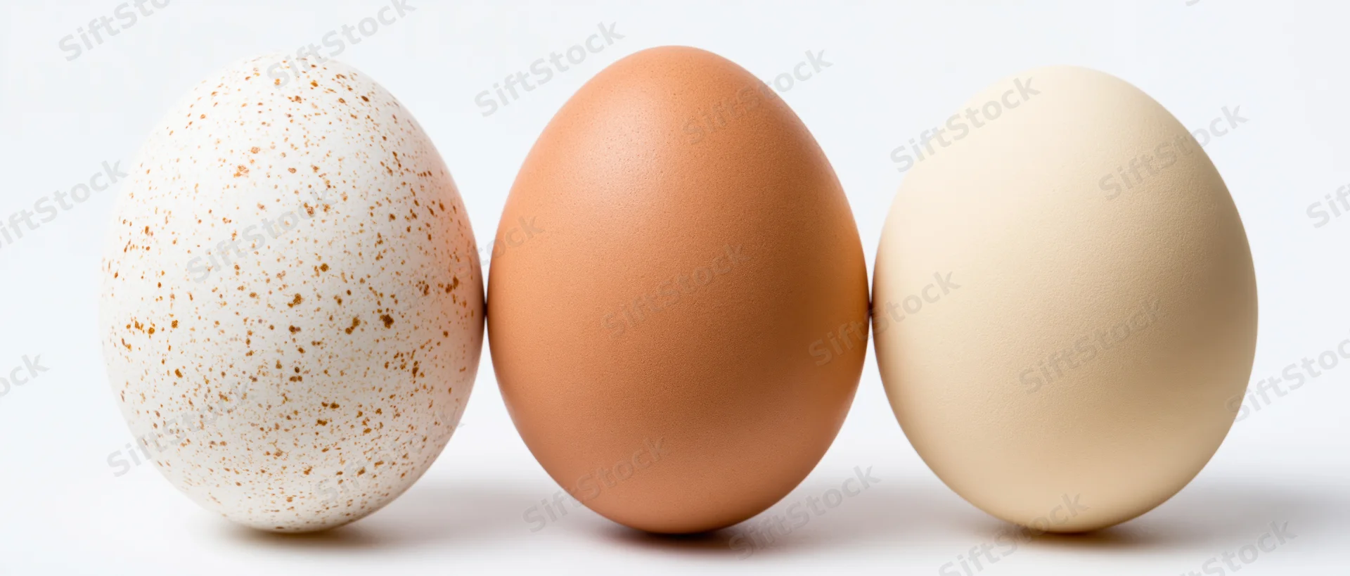 Three eggs in a row on a white surface