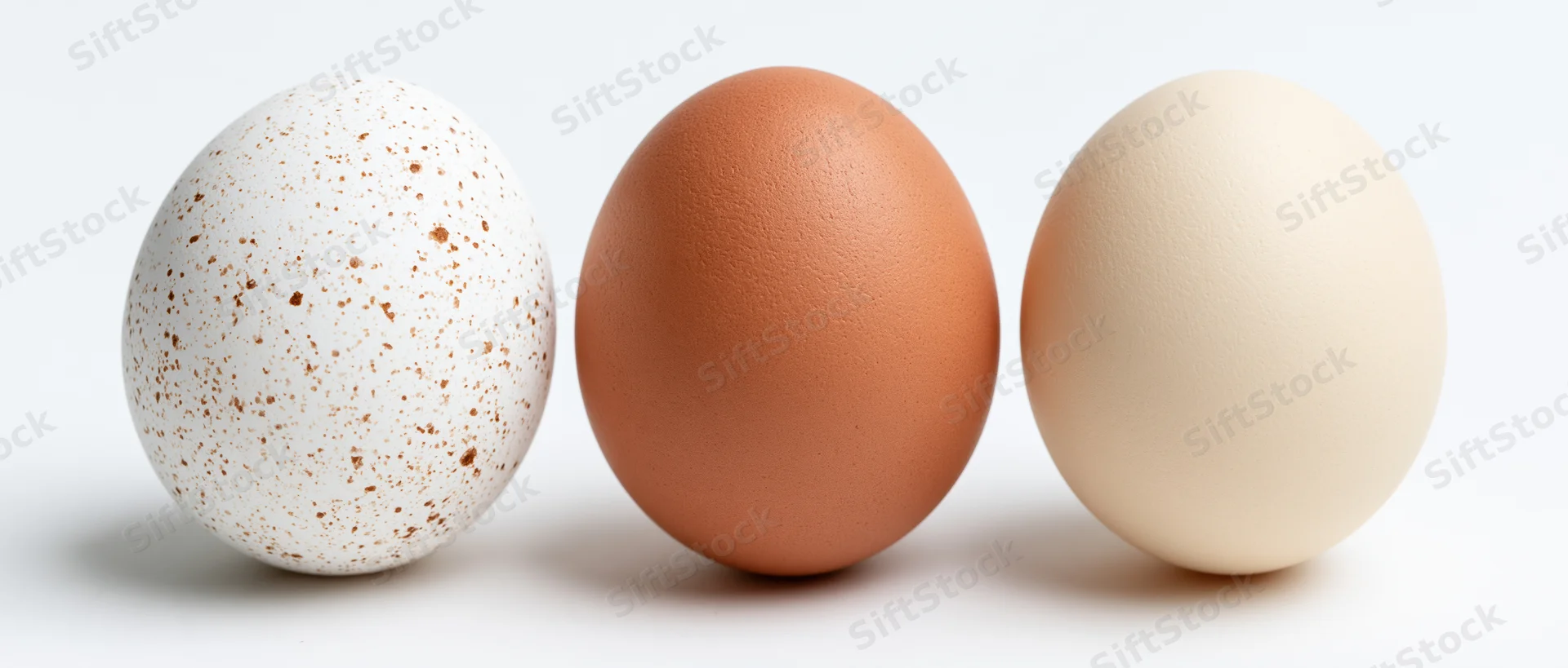 Three eggs in a row on a white surface