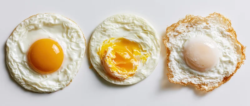 Three fried eggs arranged side by side in a horizontal row on a white surface
