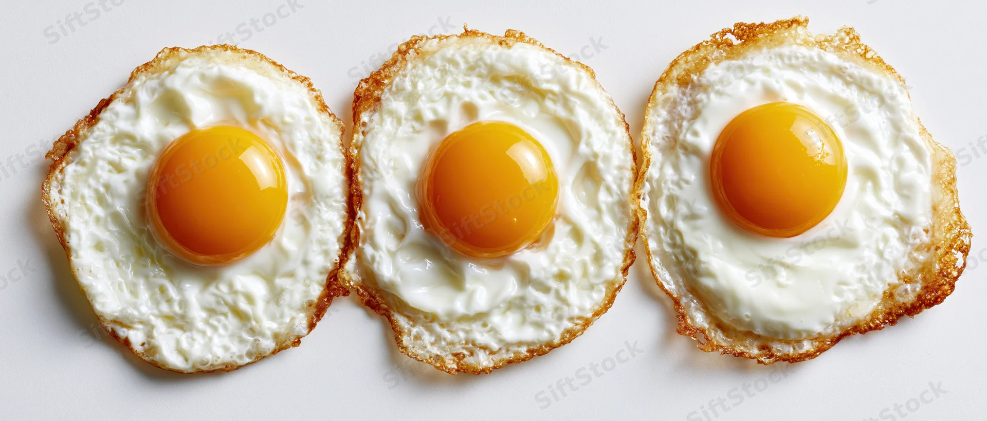 Three fried eggs arranged side by side on a white surface viewed from above
