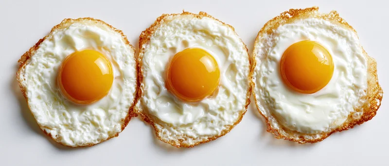 Three fried eggs arranged side by side on a white surface viewed from above