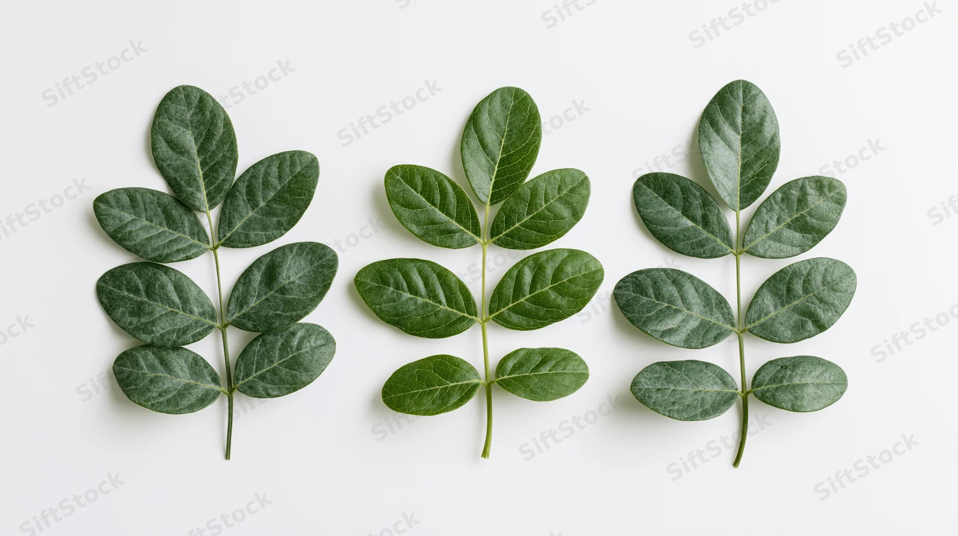 Three green compound leaf sprigs arranged side by side on white background