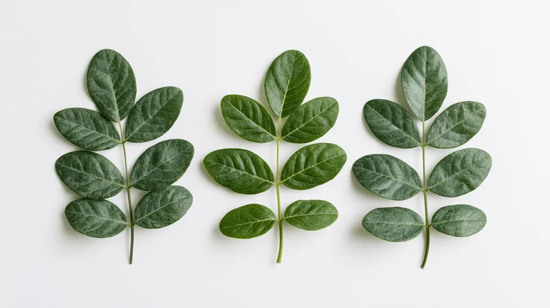 Three green compound leaf sprigs arranged side by side on white background