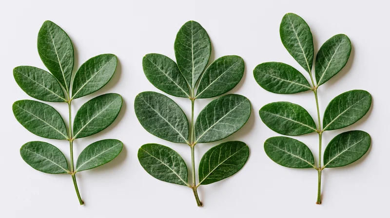 Three green compound leaf sprigs arranged side by side on white background
