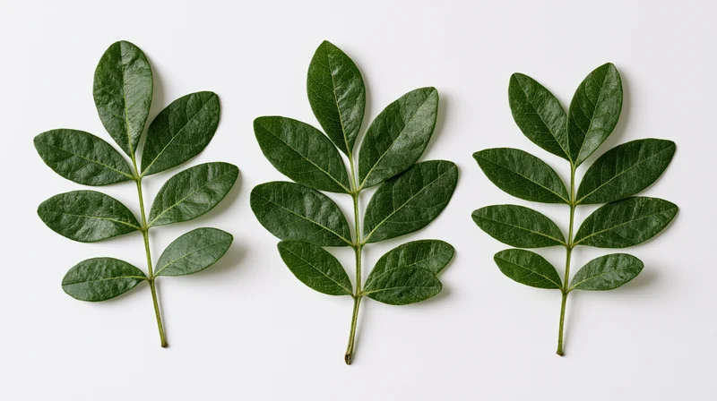 Three green compound leaf sprigs arranged side by side on white background