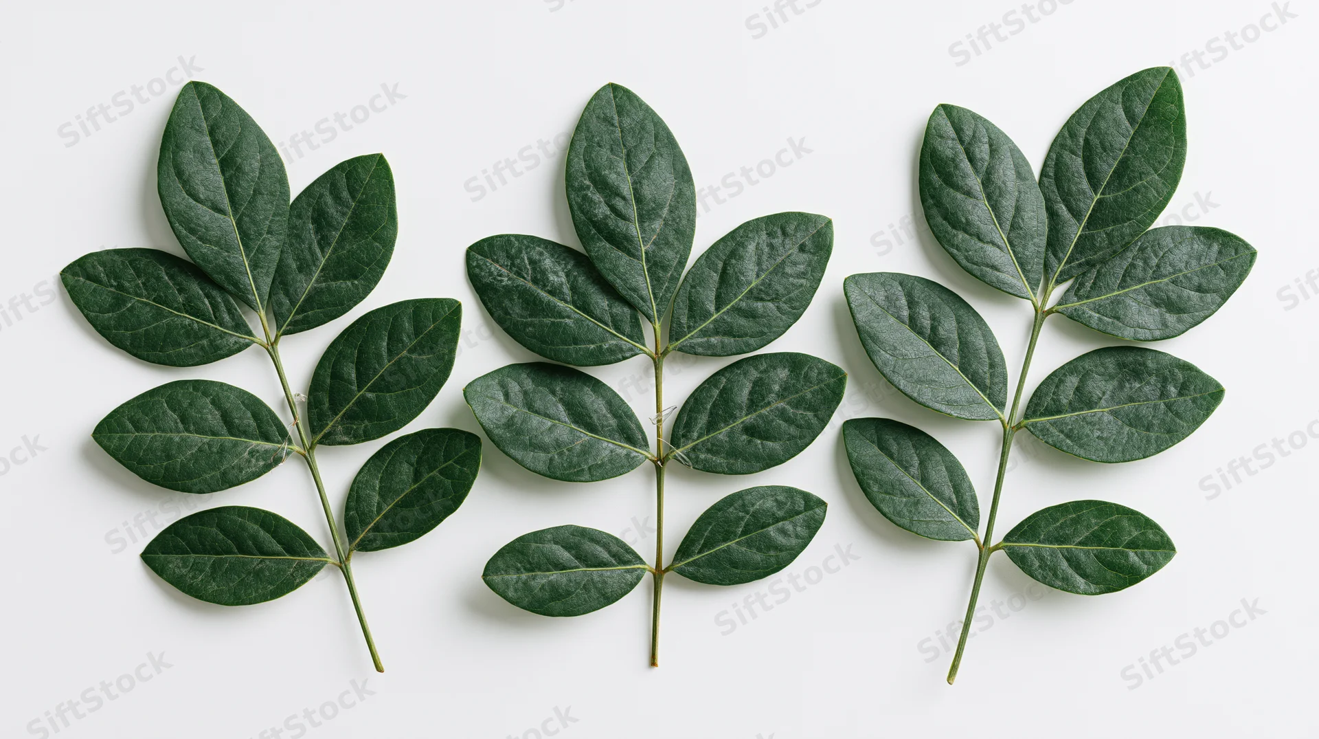 Three green compound leaf sprigs arranged side by side on white background