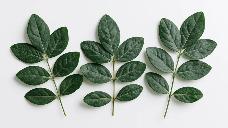 Three green compound leaf sprigs arranged side by side on white background