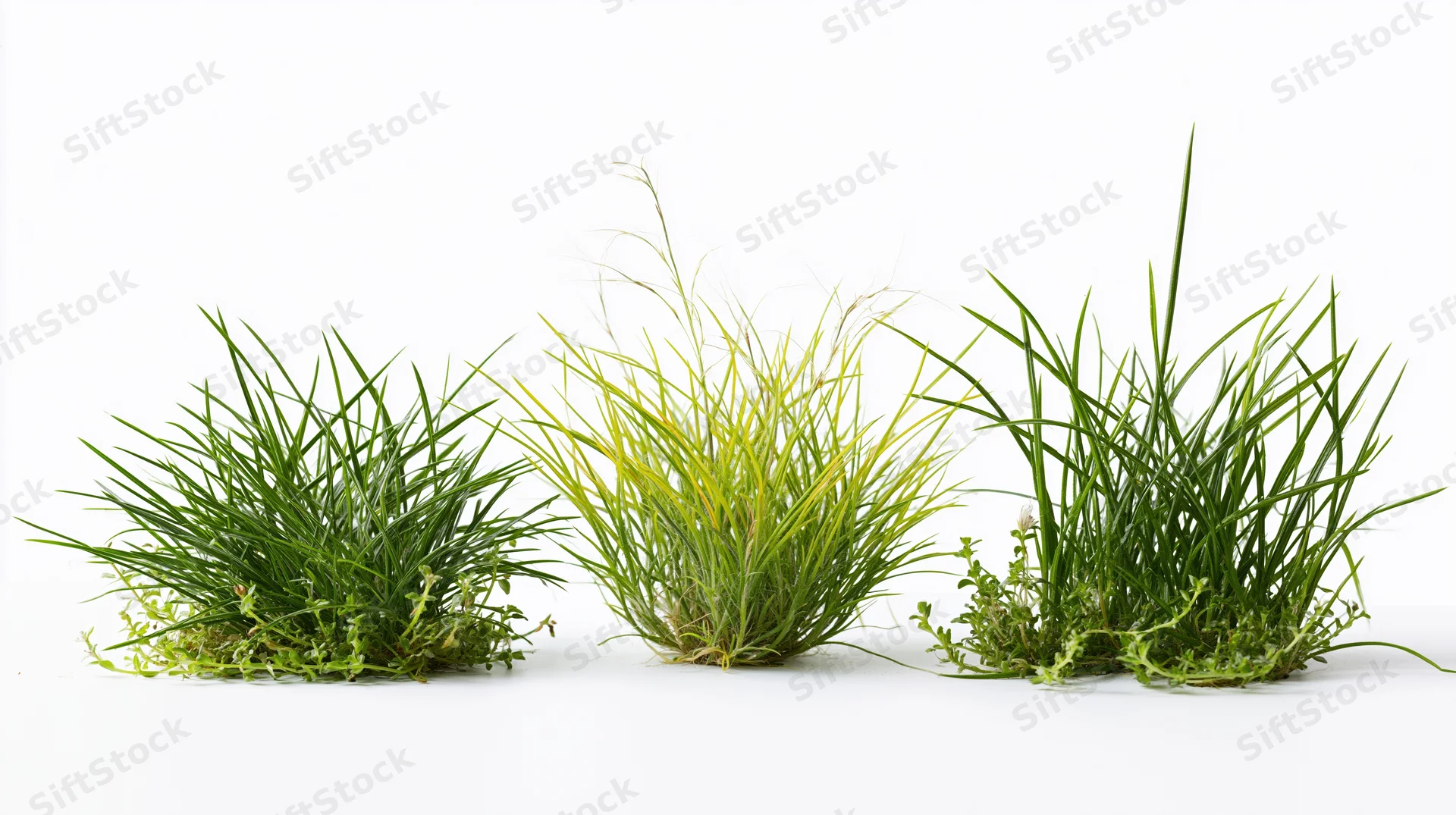 Three clumps of wild grass and small weedy plants arranged in a row on a white background