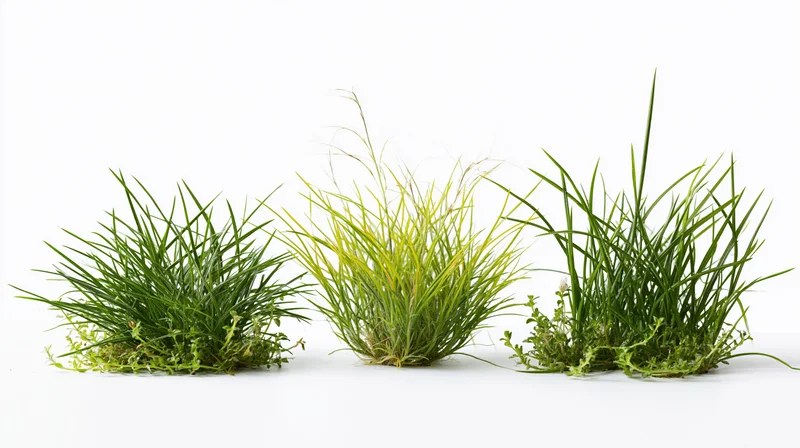 Three clumps of wild grass and small weedy plants arranged in a row on a white background