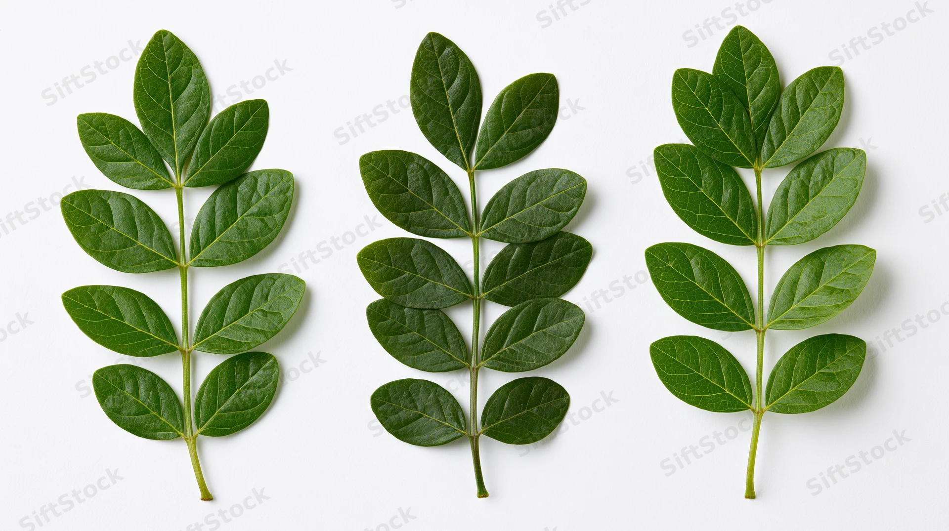 Three green compound leaf sprigs arranged in a row on white background