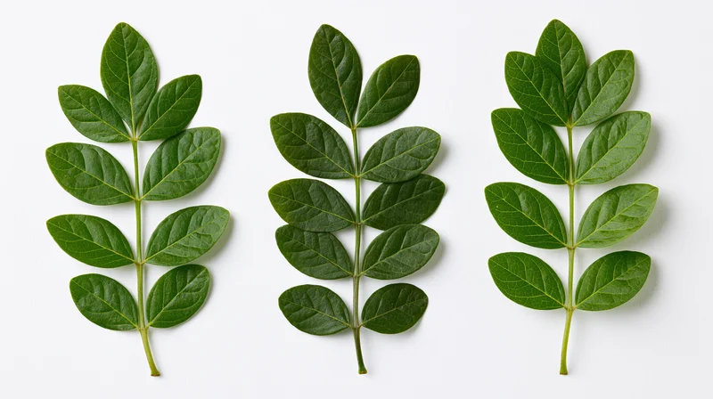 Three green compound leaf sprigs arranged in a row on white background