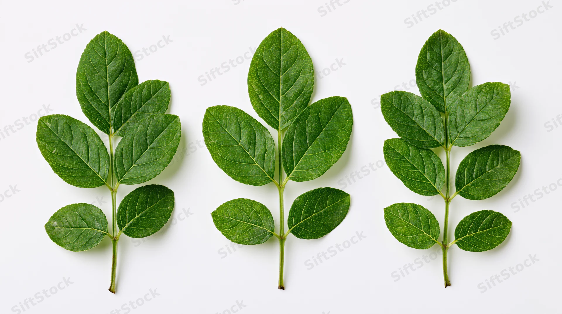 Three green compound leaf sprigs arranged in a row on white background