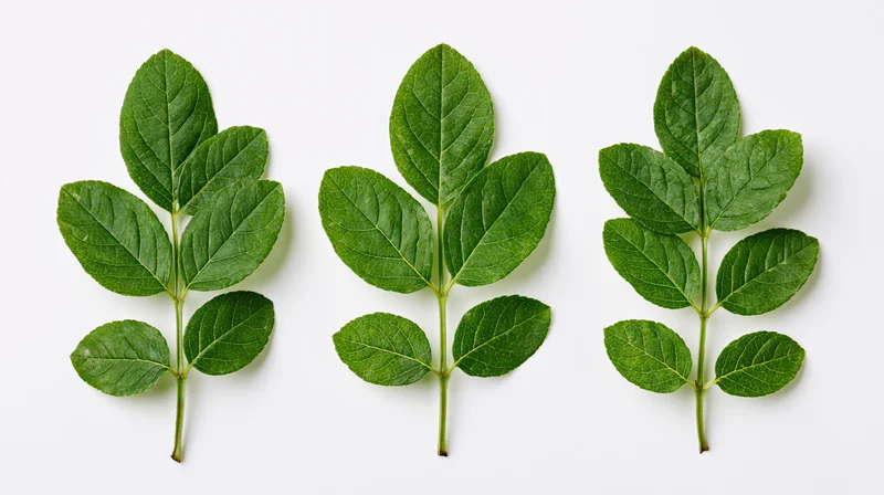 Three green compound leaf sprigs arranged in a row on white background