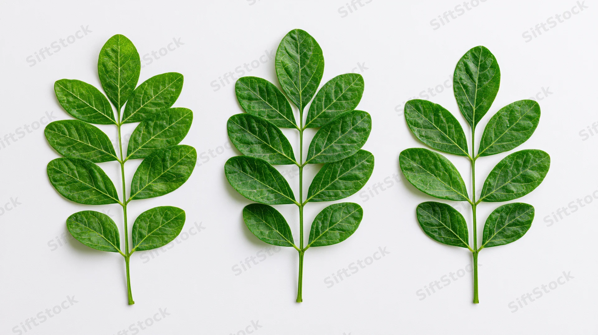 Three green compound leaf sprigs arranged in a row on white background