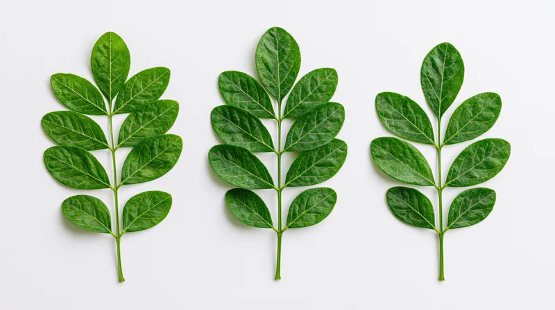 Three green compound leaf sprigs arranged in a row on white background