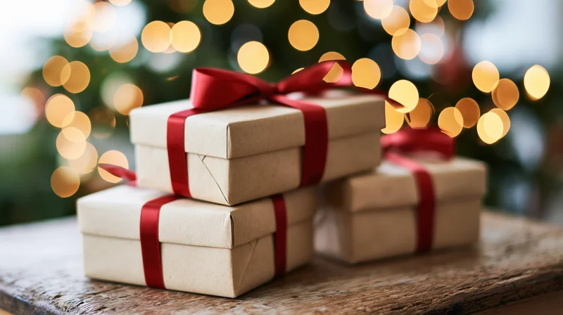 Three kraft paper gift boxes stacked on a worn wooden table with red ribbons and bokeh lights in the background