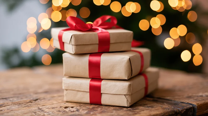 Three kraft paper gift boxes stacked on a worn wooden table with warm bokeh lights in the background
