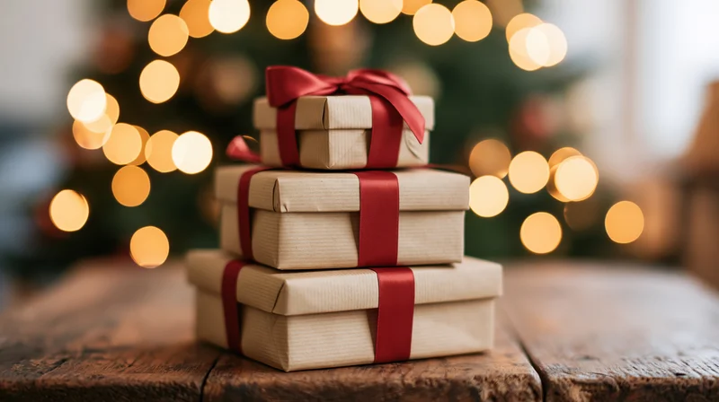 Three kraft paper gift boxes stacked on a worn wooden table with red ribbons and blurred holiday lights in the background