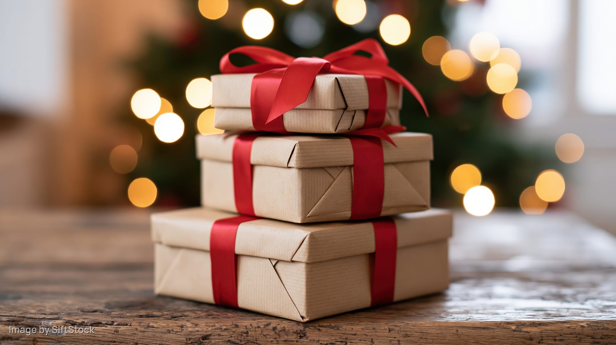 Three kraft paper gift boxes stacked on a worn wooden table with blurred holiday lights in the background