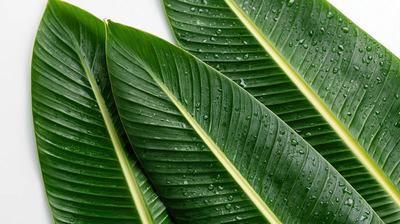 Three large banana leaves with water droplets arranged on white background