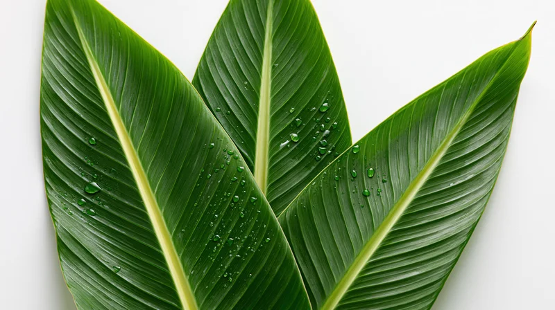 Three large banana leaves with water droplets arranged on white background