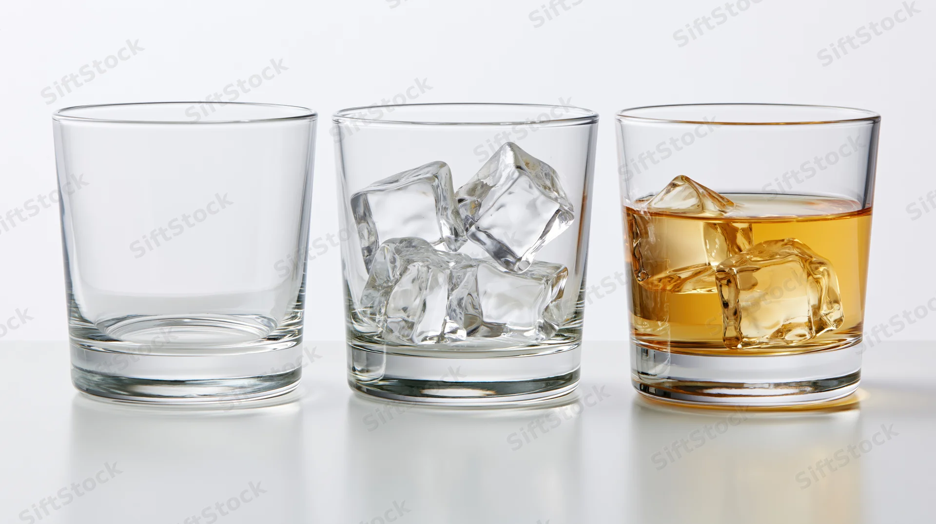 Three lowball glasses in a row, empty, with ice, and filled with amber whiskey, on a white surface