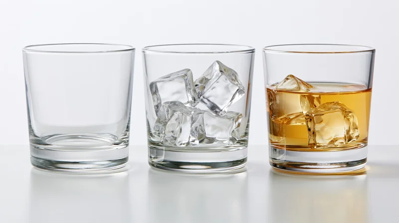 Three lowball glasses in a row, empty, with ice, and filled with amber whiskey, on a white surface