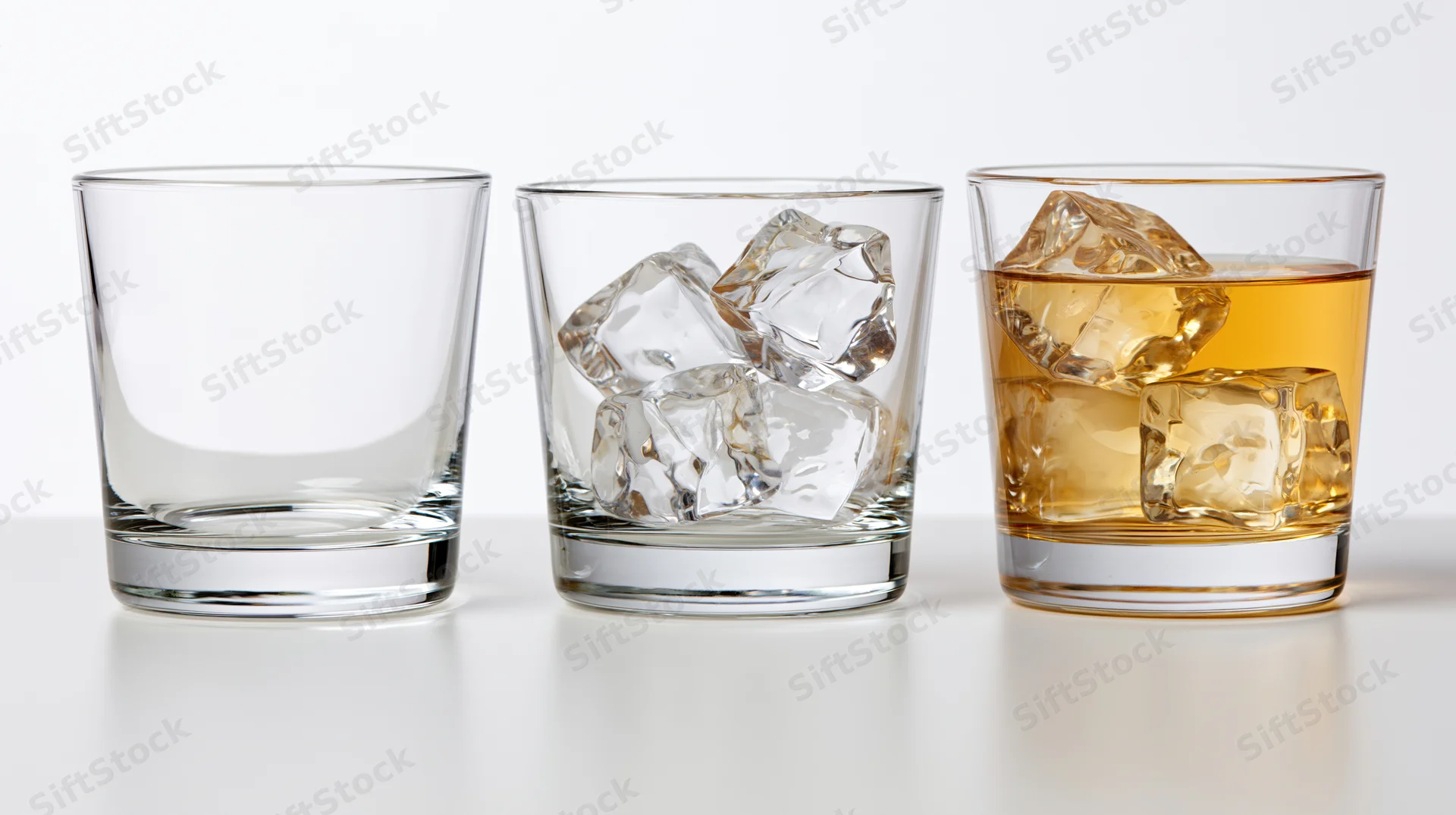 Three lowball glasses in a row, empty, with ice, and filled with amber whiskey, on a white surface