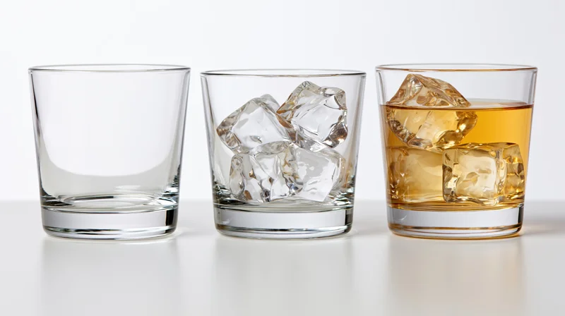 Three lowball glasses in a row, empty, with ice, and filled with amber whiskey, on a white surface