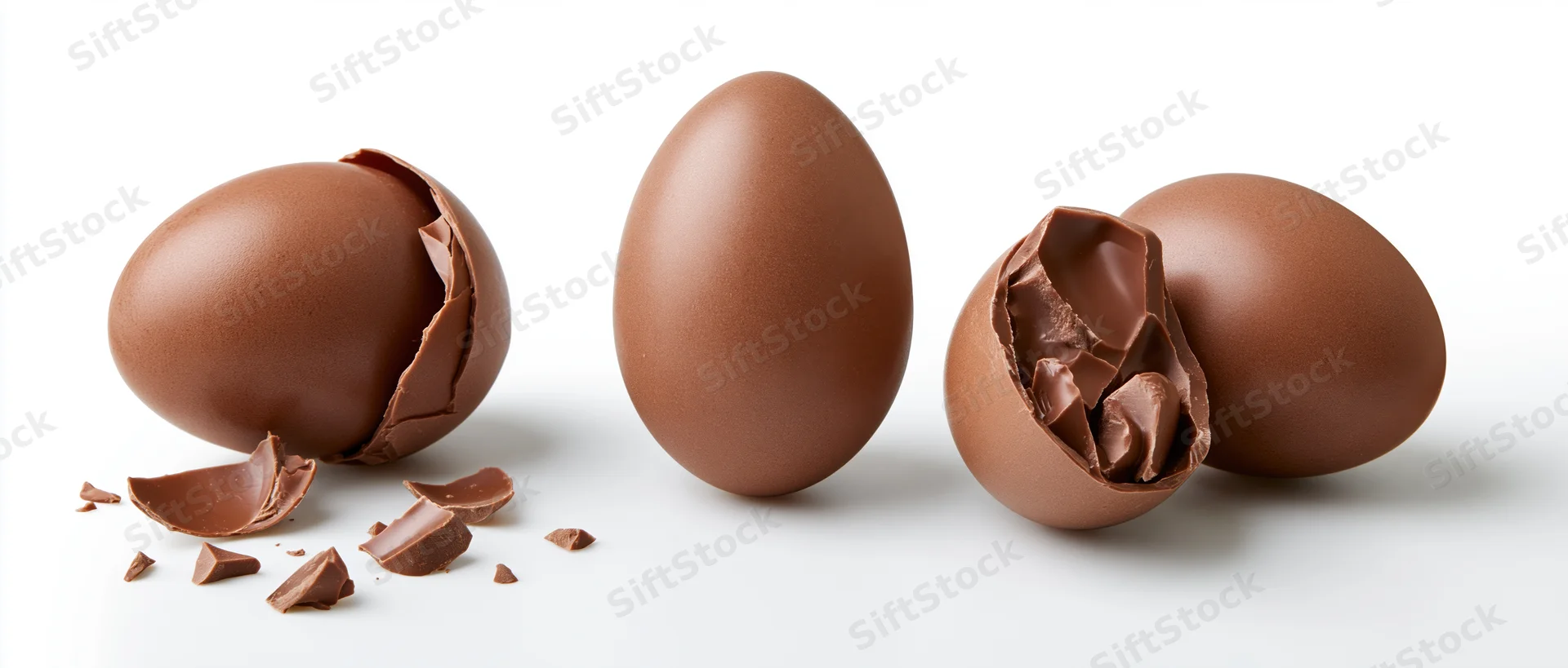 Three milk chocolate easter eggs in a row, one whole, two broken with shell fragments on white background