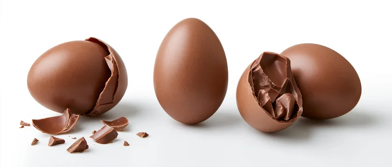 Three milk chocolate easter eggs in a row, one whole, two broken with shell fragments on white background