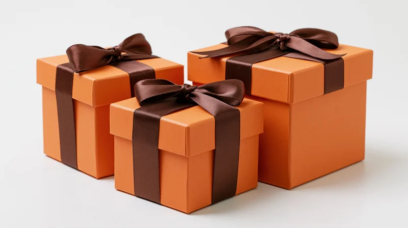 Three orange gift boxes of varying sizes wrapped with brown ribbons on white background