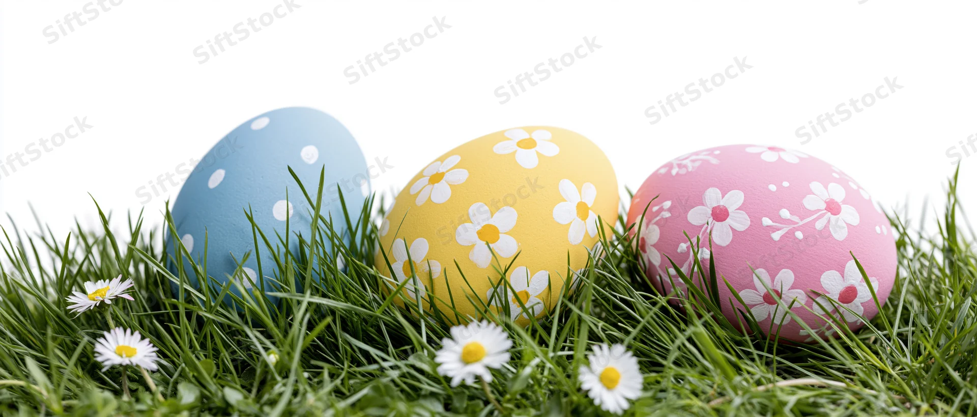 Three painted easter eggs with floral and polka dot patterns resting in green grass with daisies