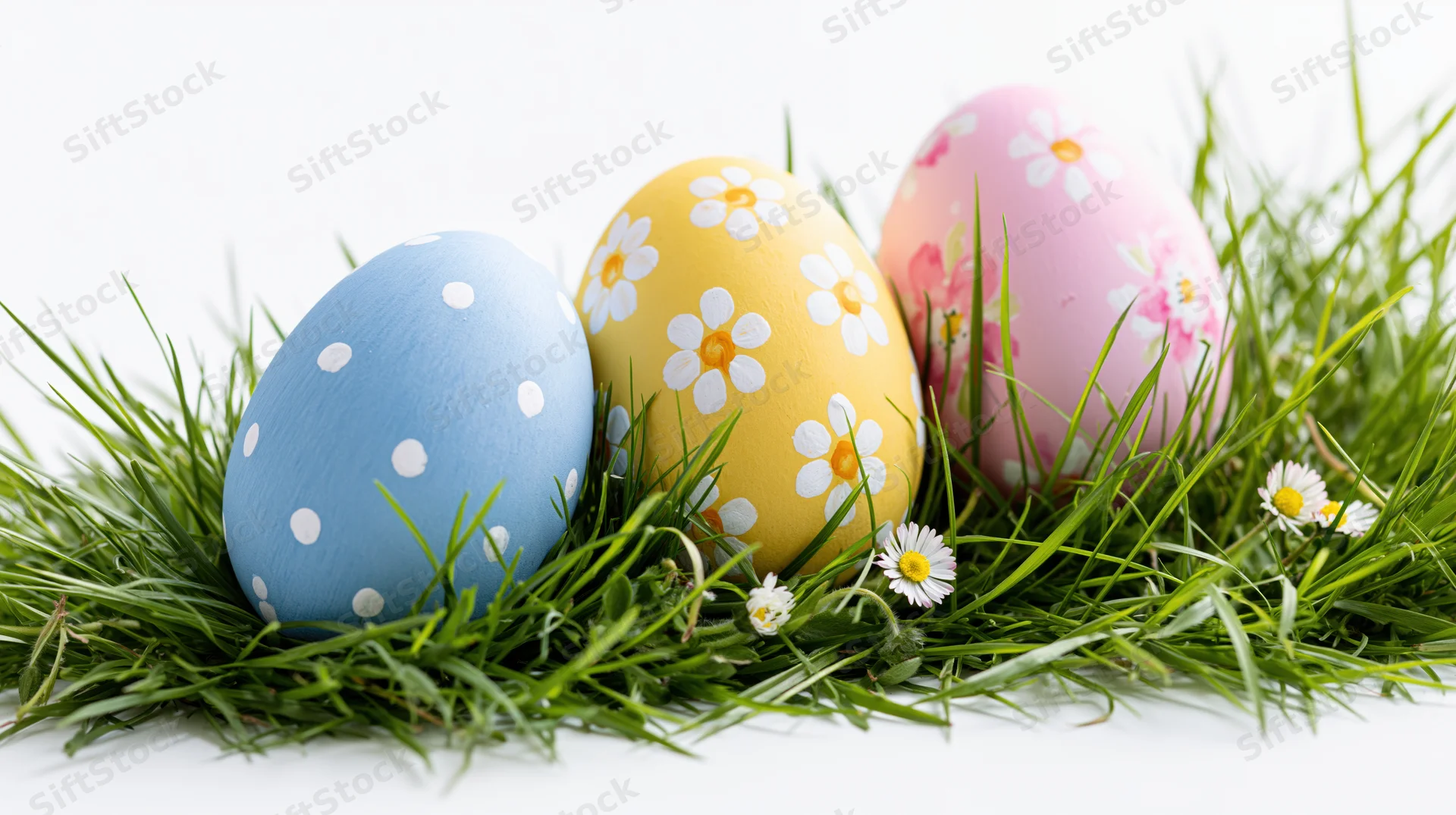 Three painted easter eggs with polka dots and flowers resting in green grass on white background