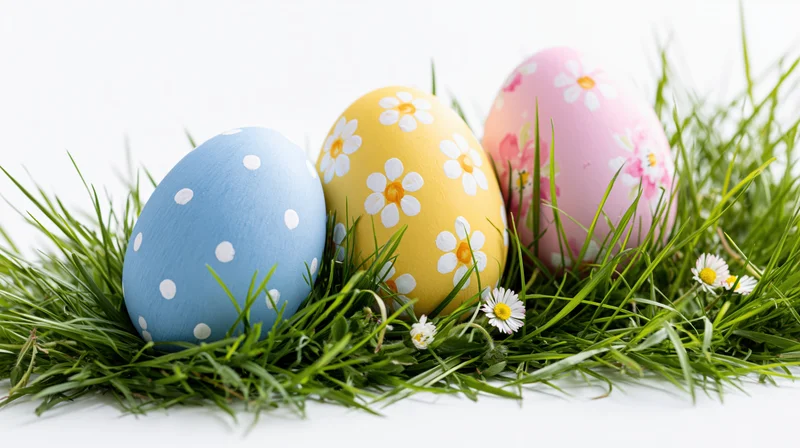 Three painted easter eggs with polka dots and flowers resting in green grass on white background