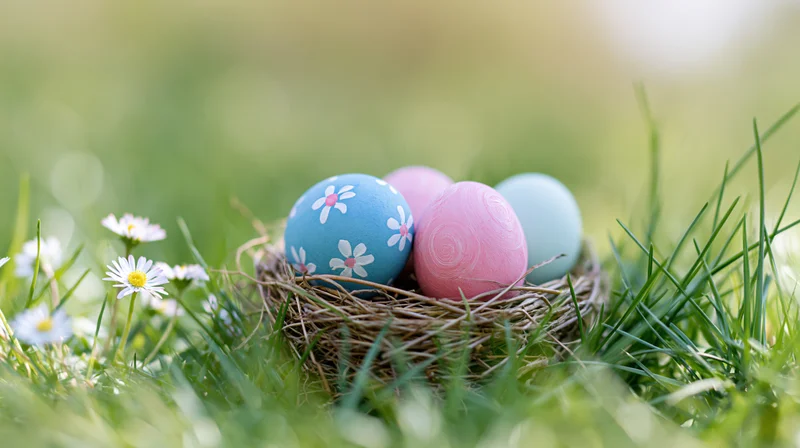 Painted easter eggs in a nest among green grass and daisies