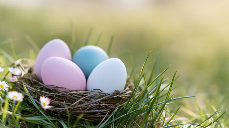 Pastel painted easter eggs in a woven nest on green grass with daisies