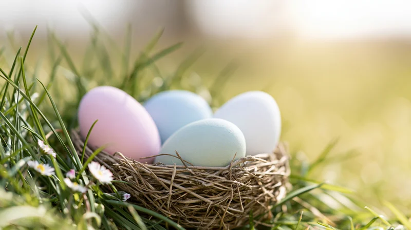 Pastel painted easter eggs in a woven nest on green grass with small white flowers