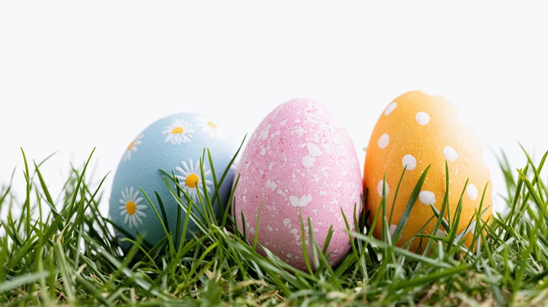 Three painted easter eggs nestled in green grass against white background