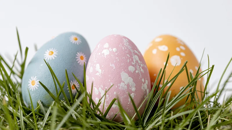 Three painted easter eggs nestled in green grass against white background