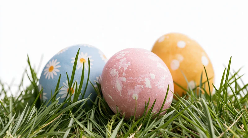Three painted easter eggs nestled in green grass on white background