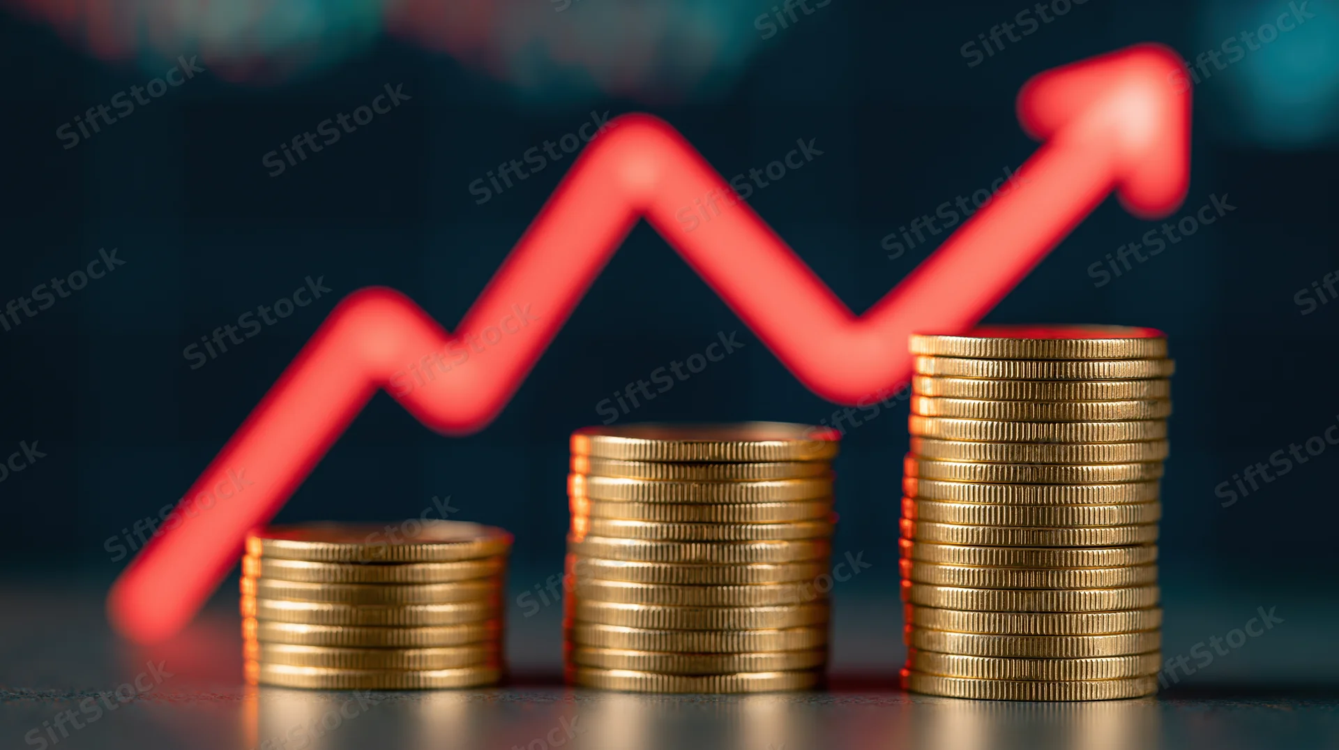 Three stacks of gold coins arranged in ascending height with a red upward arrow in the background