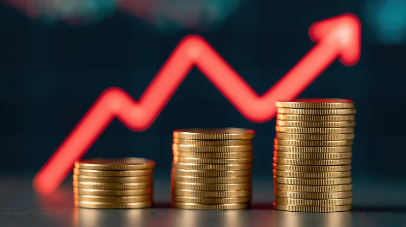 Three stacks of gold coins arranged in ascending height with a red upward arrow in the background