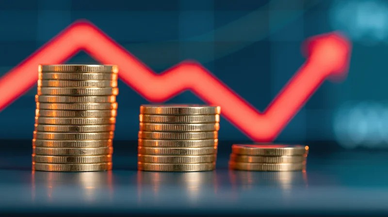 Three stacks of gold coins arranged in ascending height order with a red upward arrow graph in the background