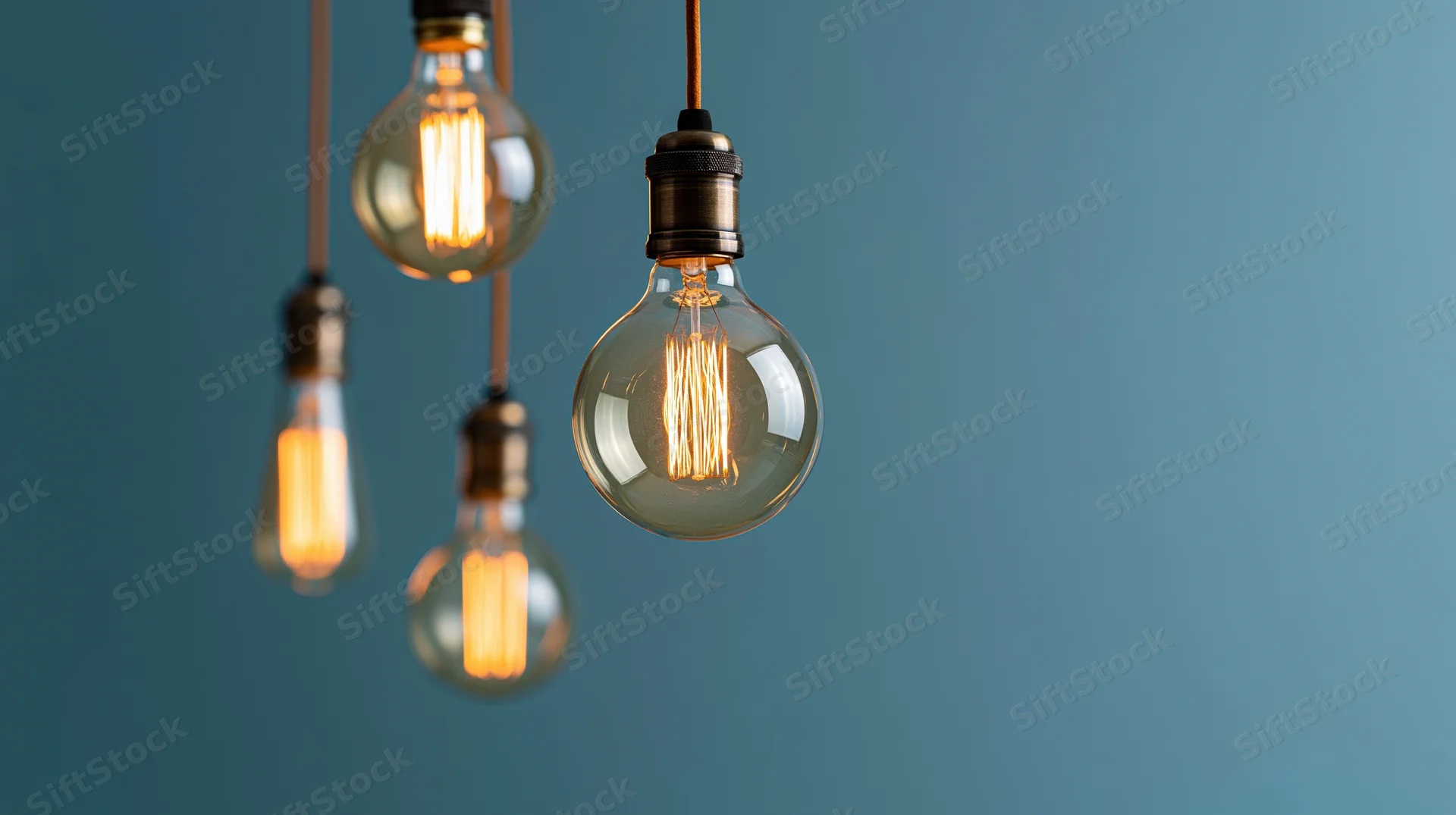 Vintage edison filament bulbs hanging and illuminated against a blue background with copyspace