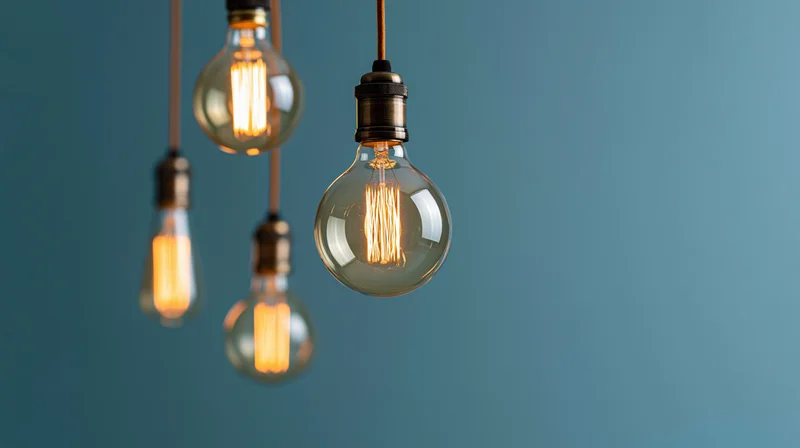 Vintage edison filament bulbs hanging and illuminated against a blue background with copyspace