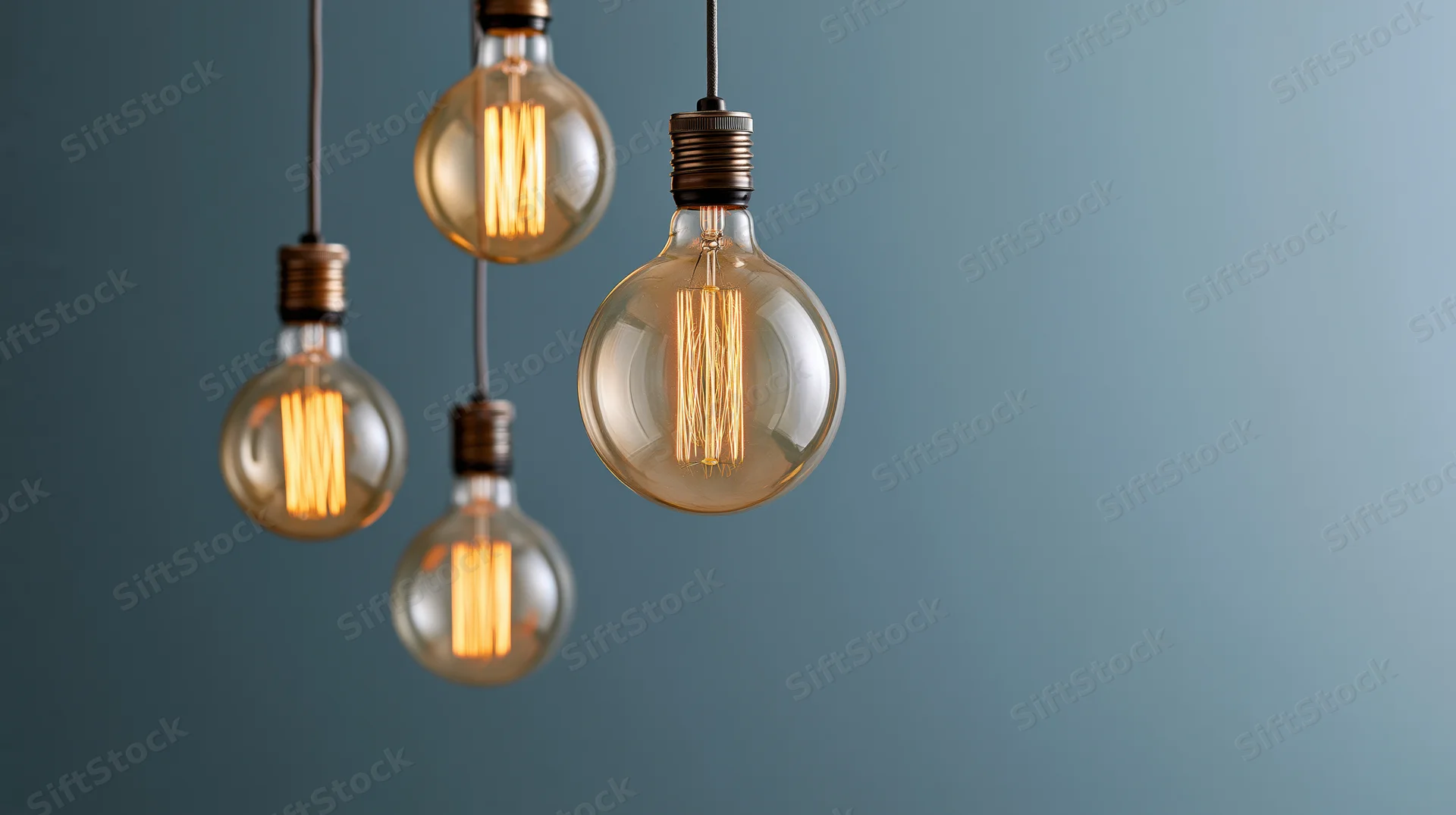 Vintage edison filament bulbs hanging and glowing against a muted blue background