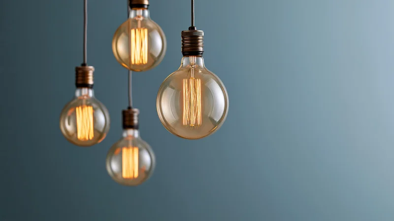 Vintage edison filament bulbs hanging and glowing against a muted blue background